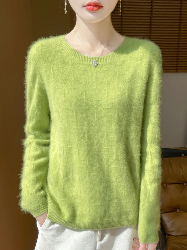 Women\'s 100% Merino Wool Sweater Pullover Hollow Out O-neck Cashmere Autumn Winter Long Sleeve Solid Grace Seamless Clothing Top