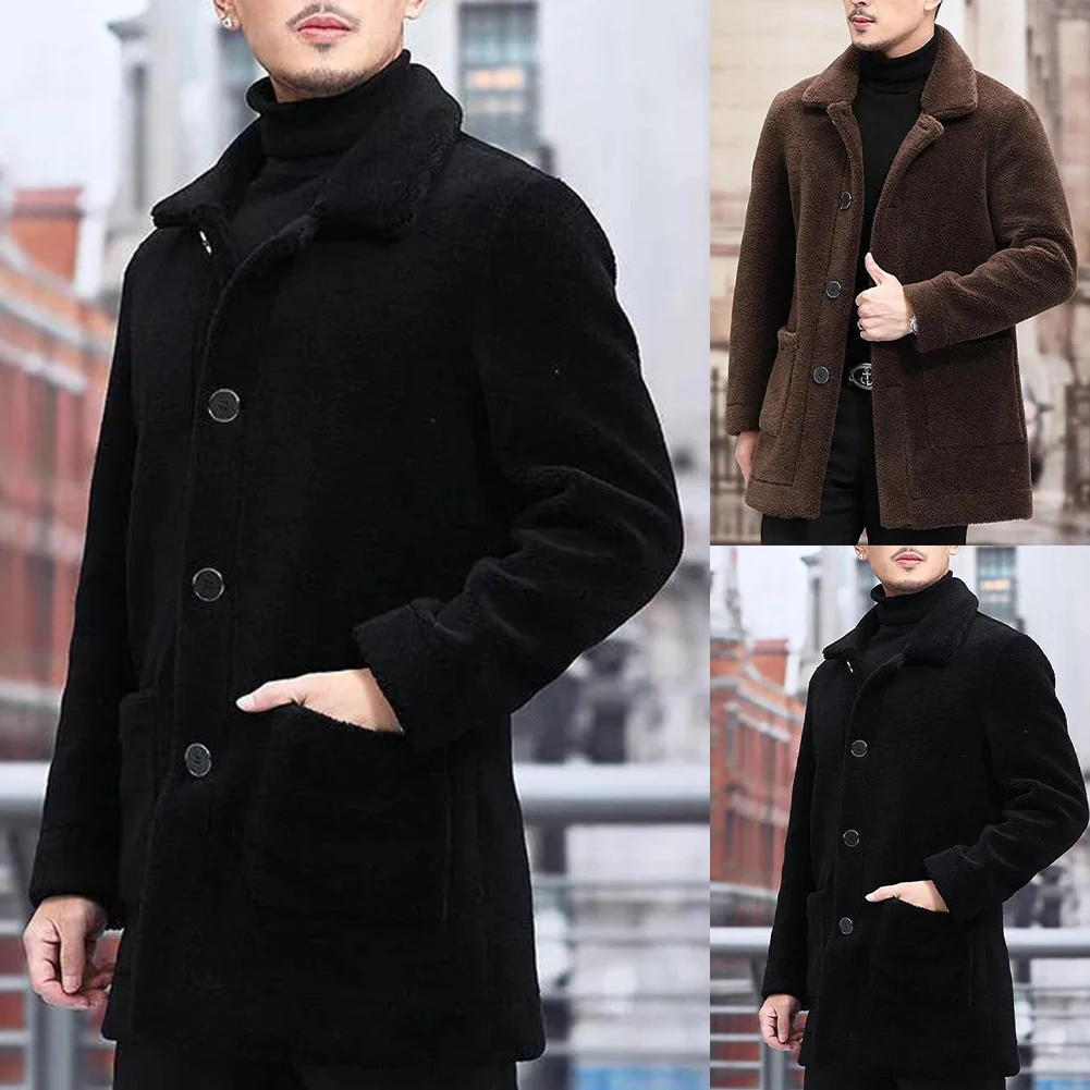 Thick Warm Imitation Lambskin Velvet Jacket for Men with Lapel Collar Casual Coat Suitable for Autumn and Winter