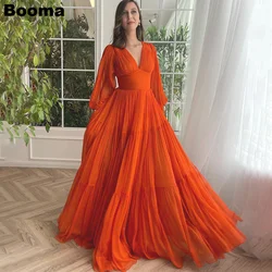 Booma Orange Chiffon A-Line Long Prom Dresses Deep V Neck Long Sleeves Evening Party Gowns for Women Elegant Formal Dresses