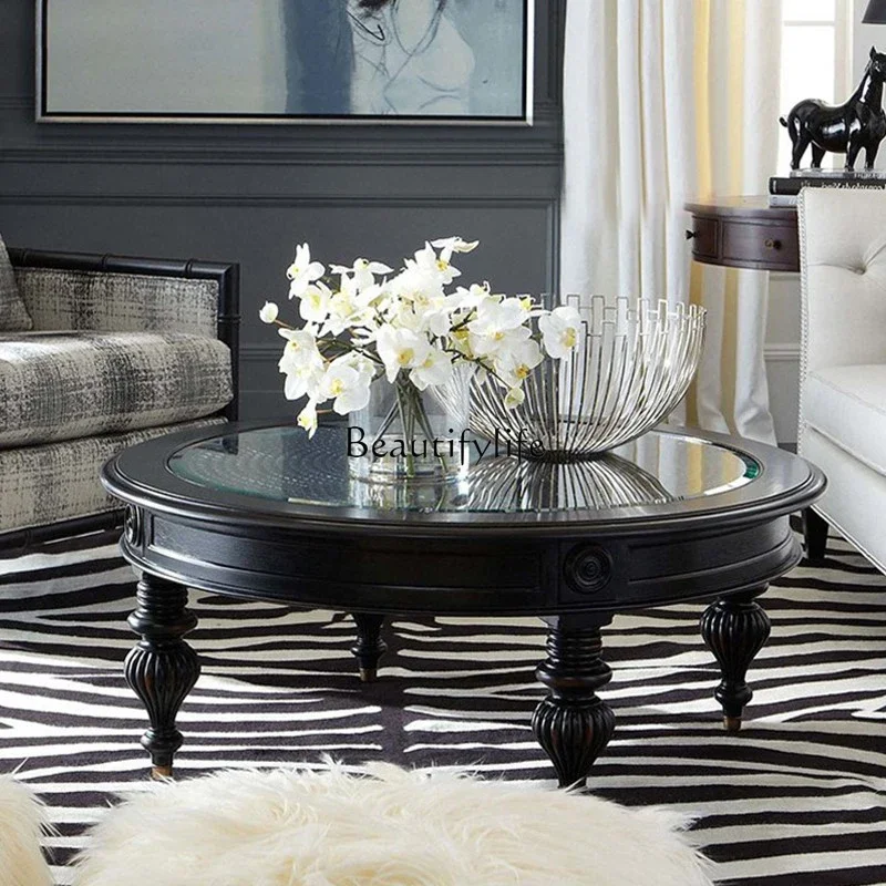 3American-style Solid Wood Hand-woven Rattan Tempered Glass Round Coffee Table European-style Retro