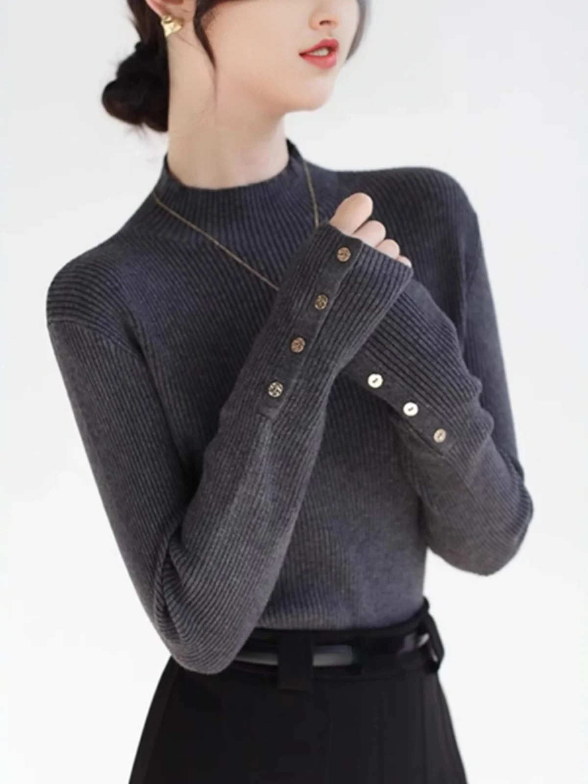 Gray Knitted Slim Fit Long Sleeve Half High Collar Base Shirt Women's Autumn Winter Fashionable Inner Wear Sweater Top