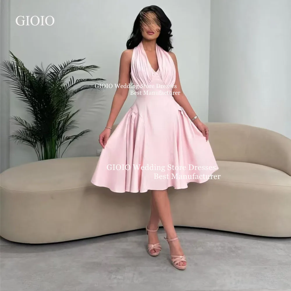 

GIOIO Sweet Elegant Halter Neck Deep V Saudi Arabian Evening Dress Pink Short Satin Ball Gown Party فستان السهرة Customized
