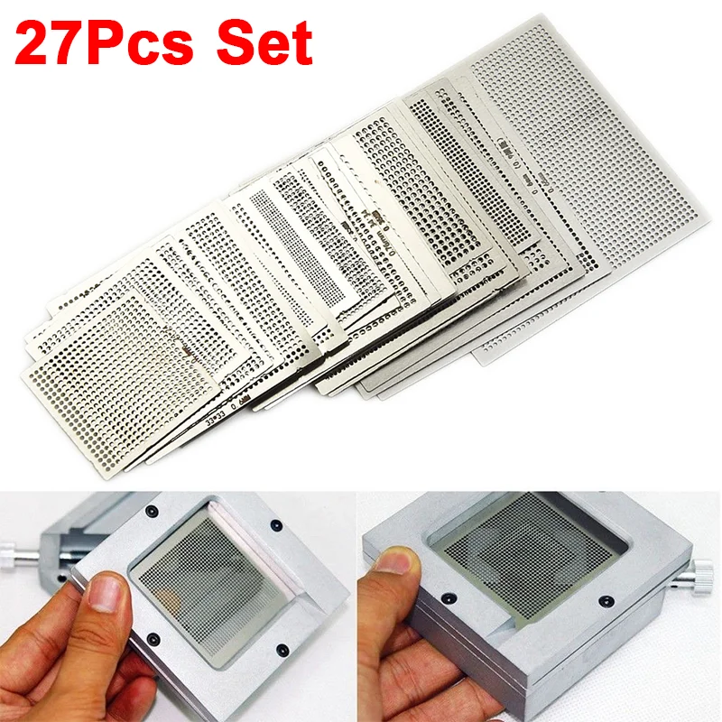 27 Pcs Universal Reball Reballing Rework Net Stencil Directly Heat Parts Kit Durable Working Replacement Accessories