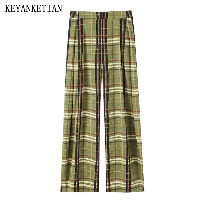 

KEYANKETIAN 2022, осенние новые женские клетчатые широкие брюки в стиле досуга, длинные брюки на молнии с высокой талией и плиссированными декоративными карманами