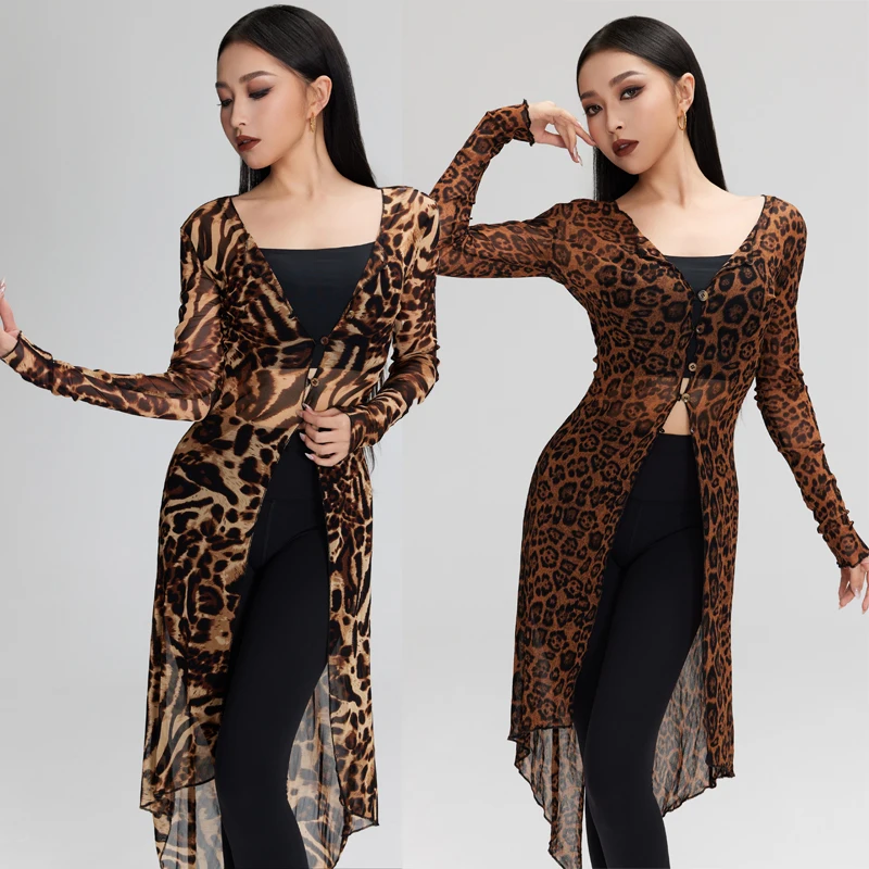 

Leopard Mesh Latin Dance Coat Women Long Sleeves Cardigan Irregular Dress Adult Rumba Ballroom Dance Practice Clothing