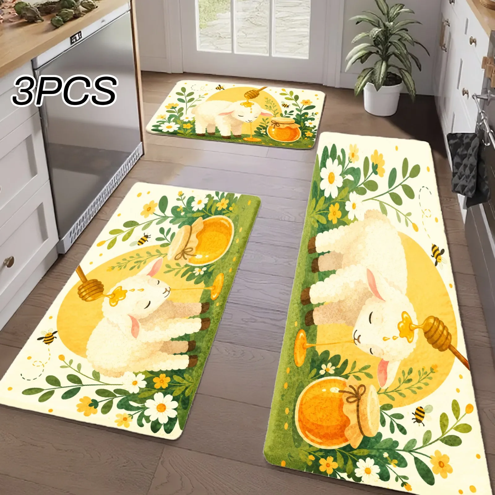3PCS Kitchen Rugs,Home Decoration for Front Door, Kitchen, Bathroom, White Rabbit With Flowers And Honey Pot Dining Mat