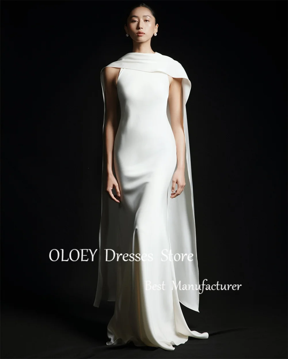 OLOEY Modest Ivory Evening Dress Sleeveless Pleats Satin Mermaid Wedding Party Women Long Prom Gown Formal Dress Customized