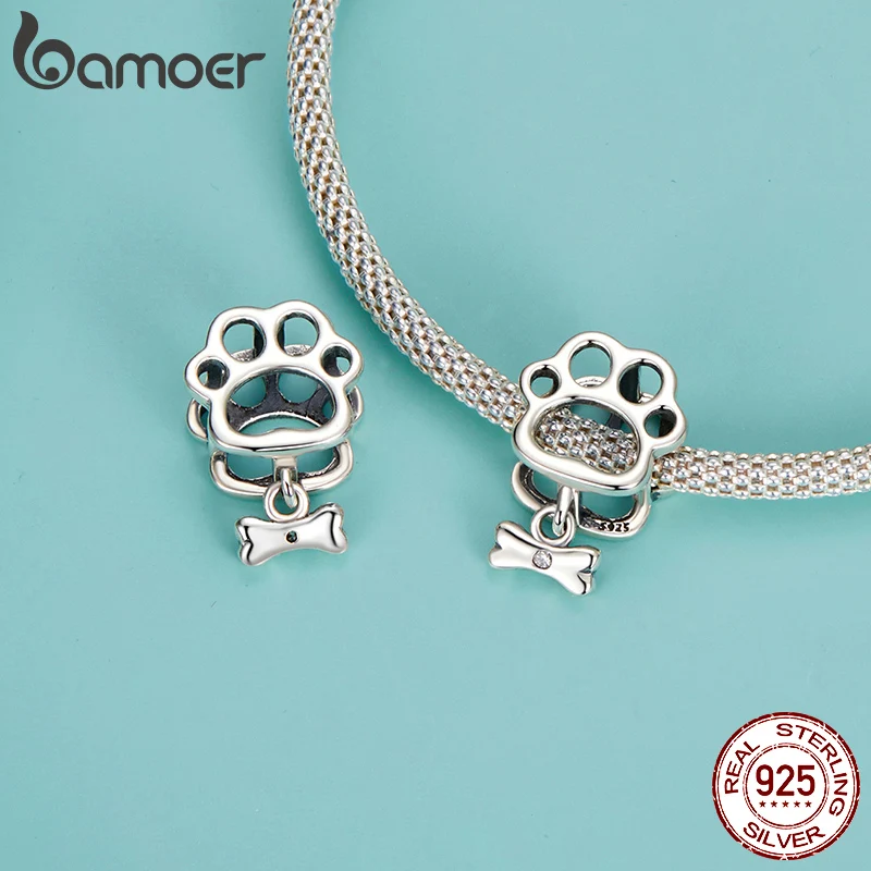 BAMOER Solid 925 Sterling Silver Hollowed Dog Paw Charm Bead fit Original Bracelet & Necklaces Jewelry DIY bamoer Charm SCC2955