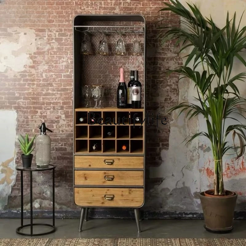 Solid Wood Industrial Style Wine Cabinet Storage Cabinet Goblet Upside down Household Small Wine Rack Bar Wine Grid