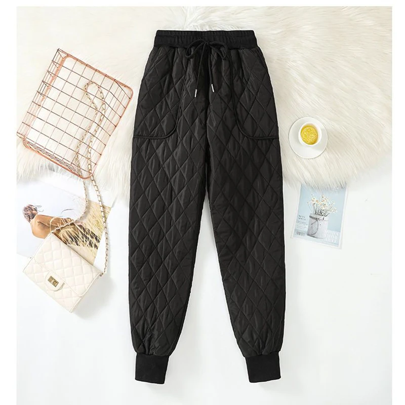 Damskie zimowe lekkie puchowe ciepłe jedwabne spodnie bawełniane Luźne modne spodnie Casual Haren Clip Cotton Pants