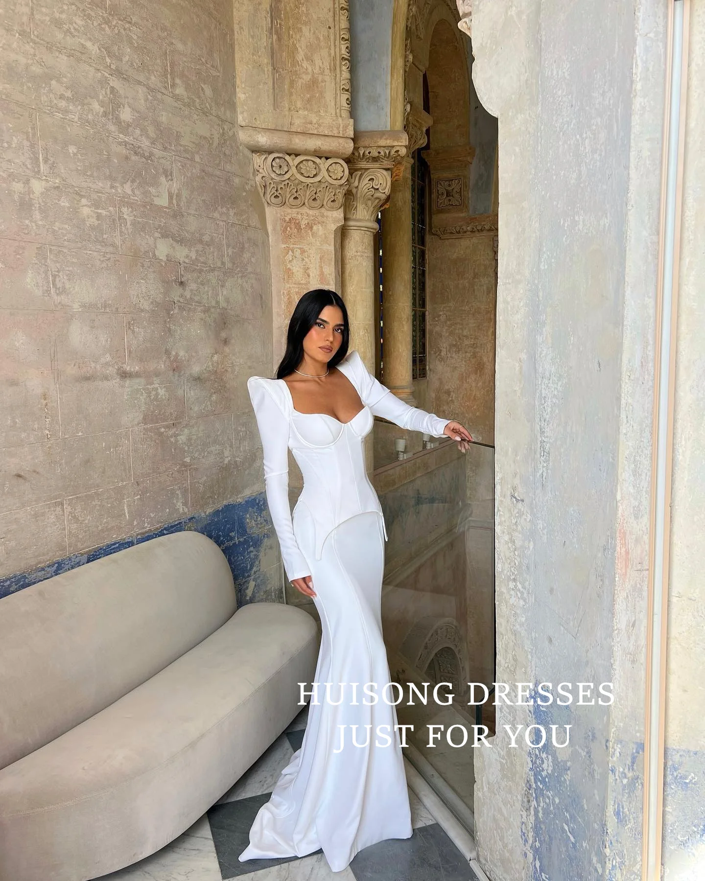 

HUISONG Customized Satin Mermaid Wedding Dresses Sweetheart Long Sleeves Beach Bridal Gown שמלת כלה