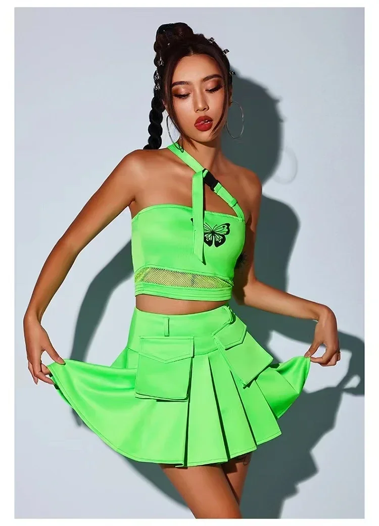 Nieuwe Kpop Jazzdans Outfit Fluorescerend Groen HipHop Kleding Nachtclub Gogo Danser Stadiumkostuum Volwassen Cheerleading Kleding