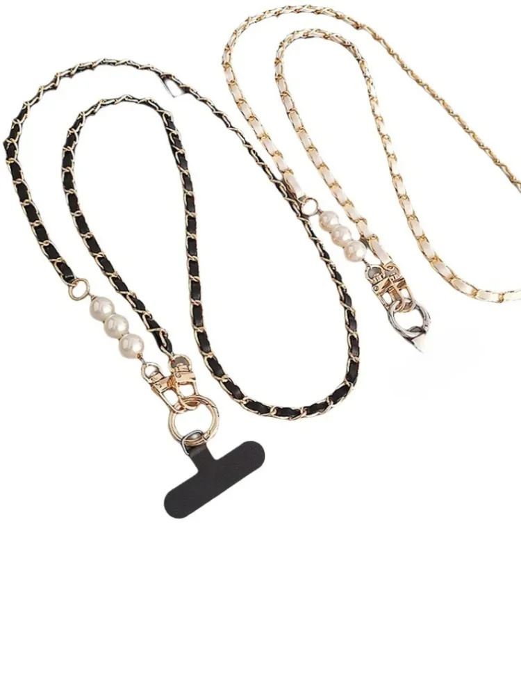 Lanière de téléphone longue en cuir tissé pour femmes, chaîne en métal avec perle, étui de téléphone universel, lanière de téléphone diagonale, décoration de sac croisé