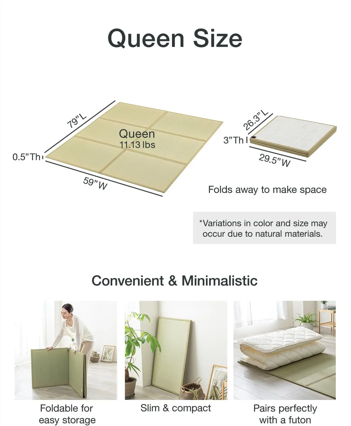 Japanese Tatami Mat, Tatami, Rug, Foldable Mattress, Roll up Rug, Made in Japan (Natural, Queen)