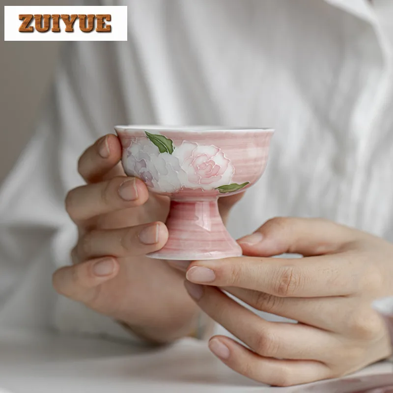 

70ml Hand-painted Relief Rose High Foot Teacup Antique Tea Bowl Jug Tea-tasting Fragrance Cup Jianzhan Master Cups Tea Items