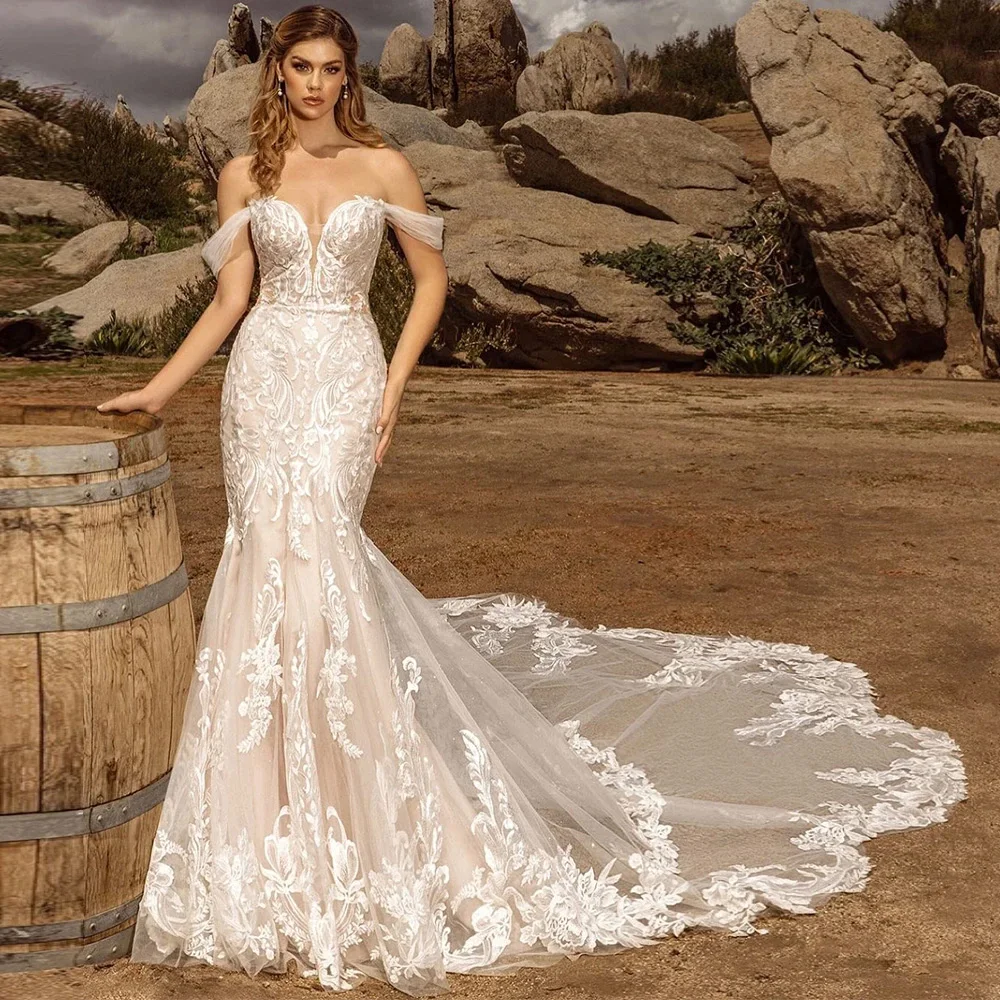 

Sweetheart Sleeveless Wedding Dress with Off the Shoulder Elegant Mermaid Appliques Bridal Gown Customized Tulle Robe de mariée