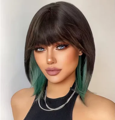 16Inch Black with Highlight Green Synthetic Wigs with Bang Short Natural Straight Hair Wig For Women Daily Use Heat Resistant