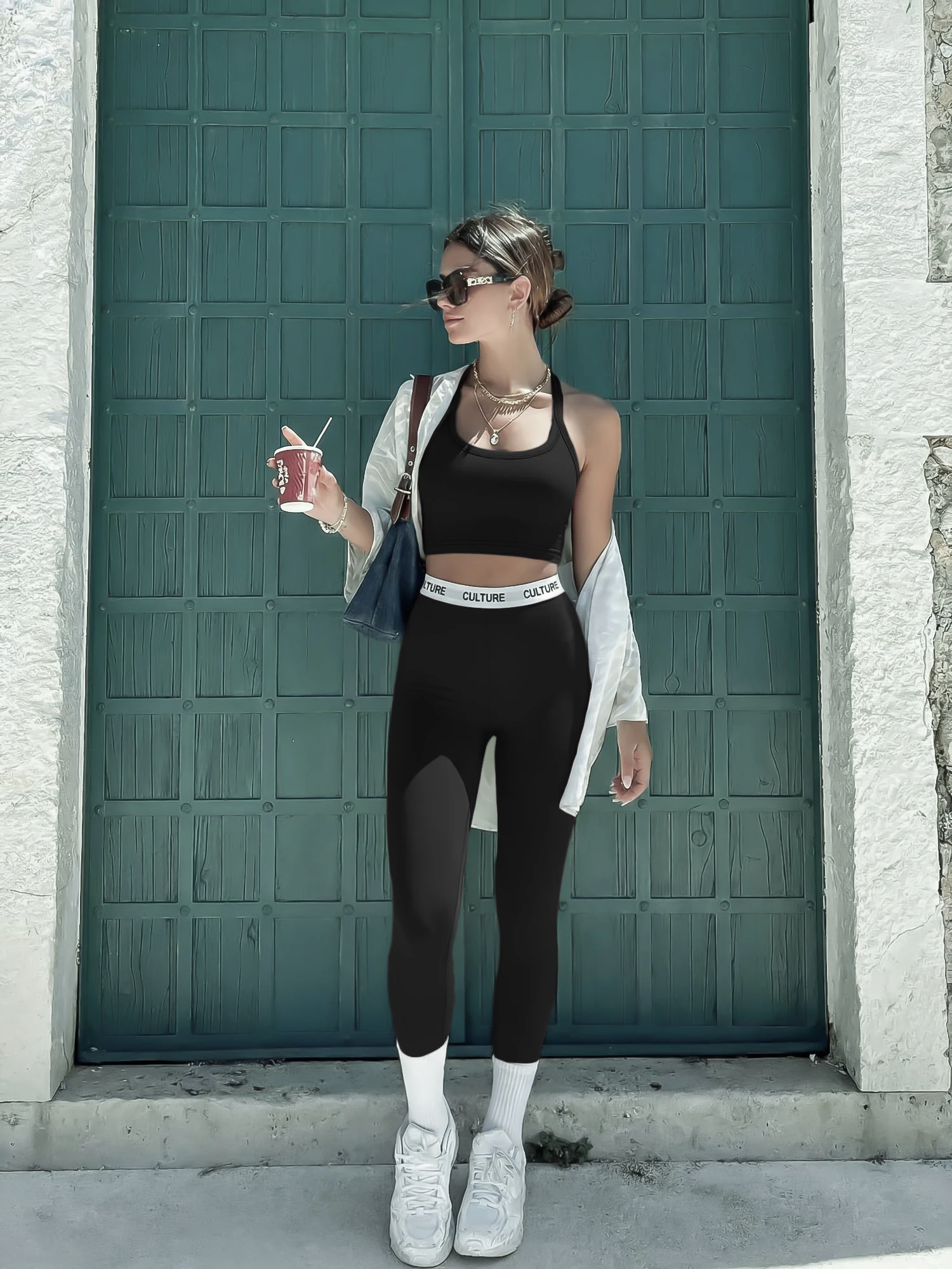 Athleisure Matching Set, Halter Cropped Tank Top, High Waist Letter Leggings, Spring Daily Street Leisure Outfit