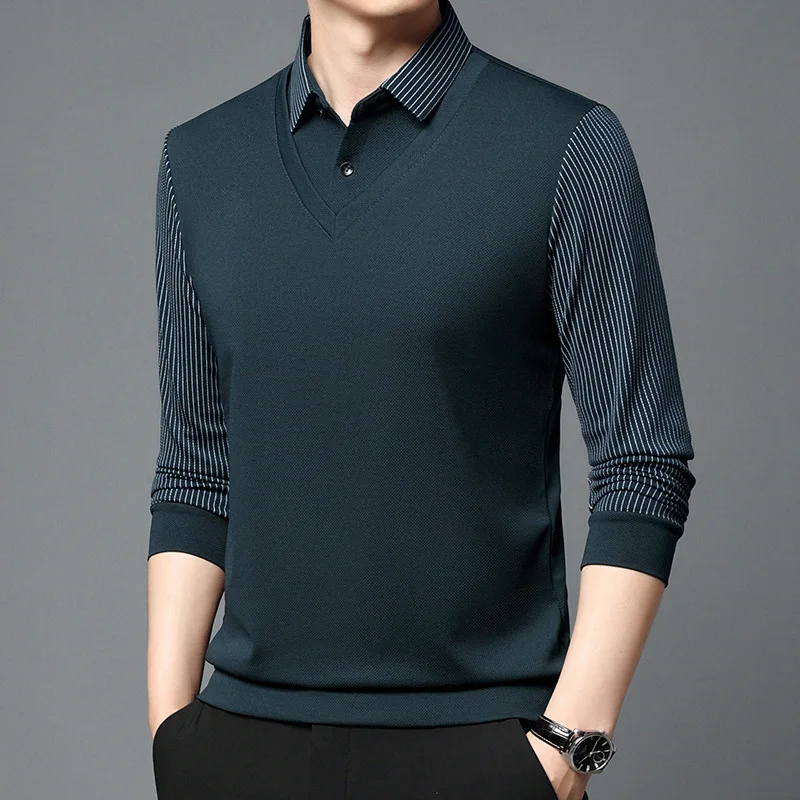 

Men's Fake Two-piece Long-sleeved Polo Shirt with Elastic Fleece Thickened Lapel
