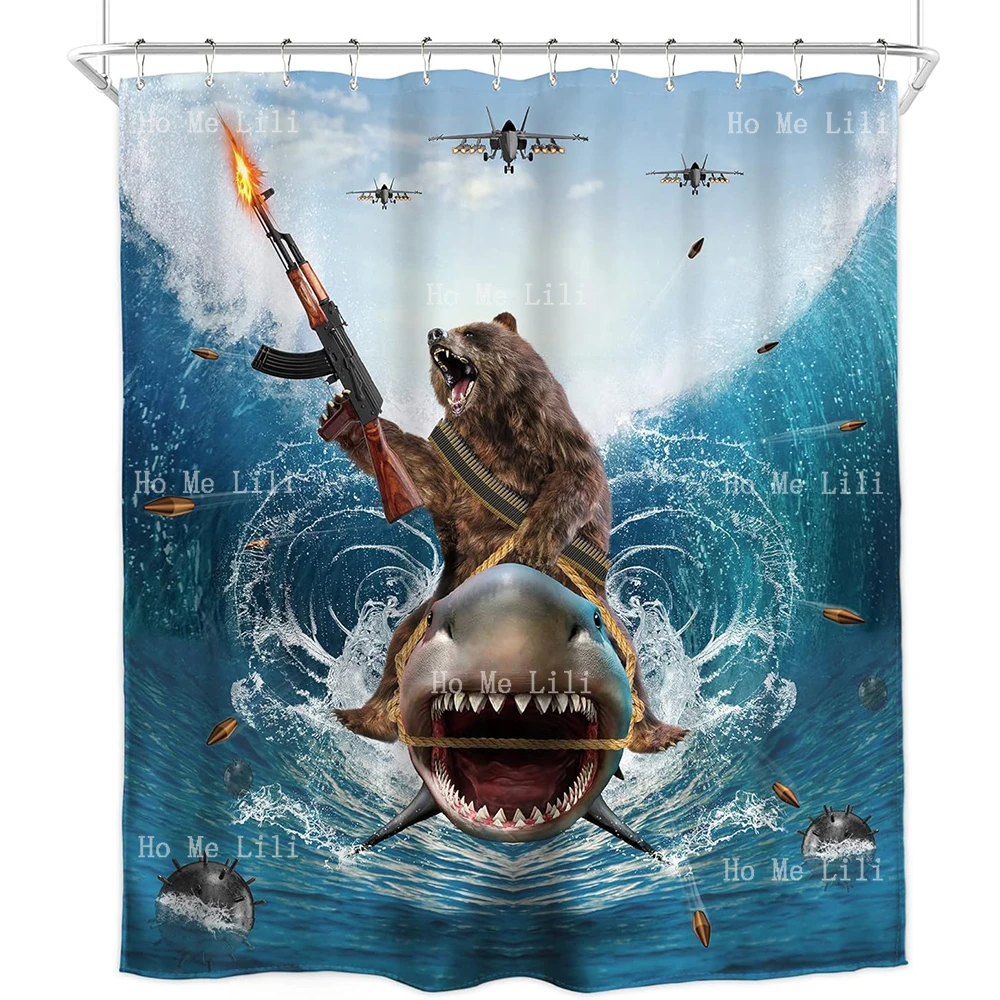 Funny Cool Humor Shower Curtain Ocean Summer Shark Bear Riding Surfing Animal Beach Blue Waves Polyester Fabric