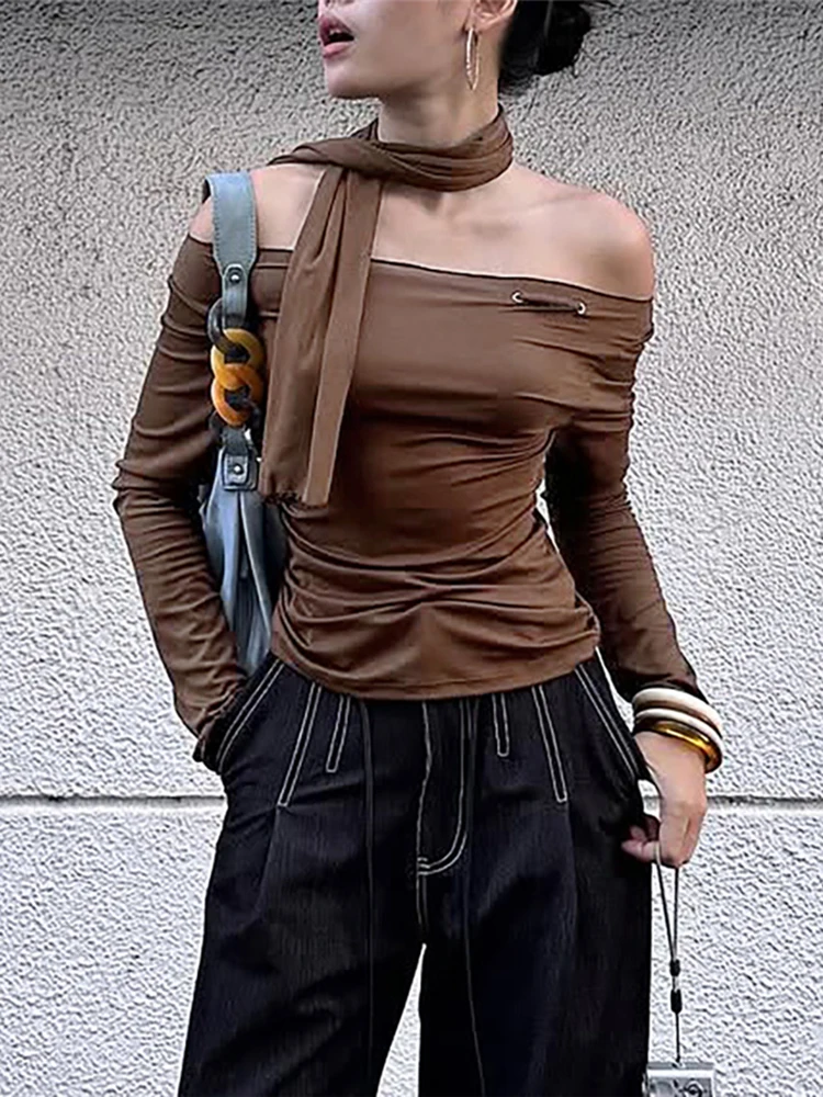 

Whatiwear Solid Scarf+Metal Trim T-Shirts Women Slash Neck Off Shoulder Full Sleeve Skinny Stretch Street Casual Simple Outfits