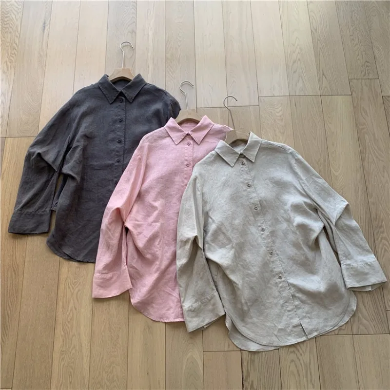 

Commuting Comfortable Loose Slimming Irregular Pleated Long-sleeved Linen Shirt Women's Shirt