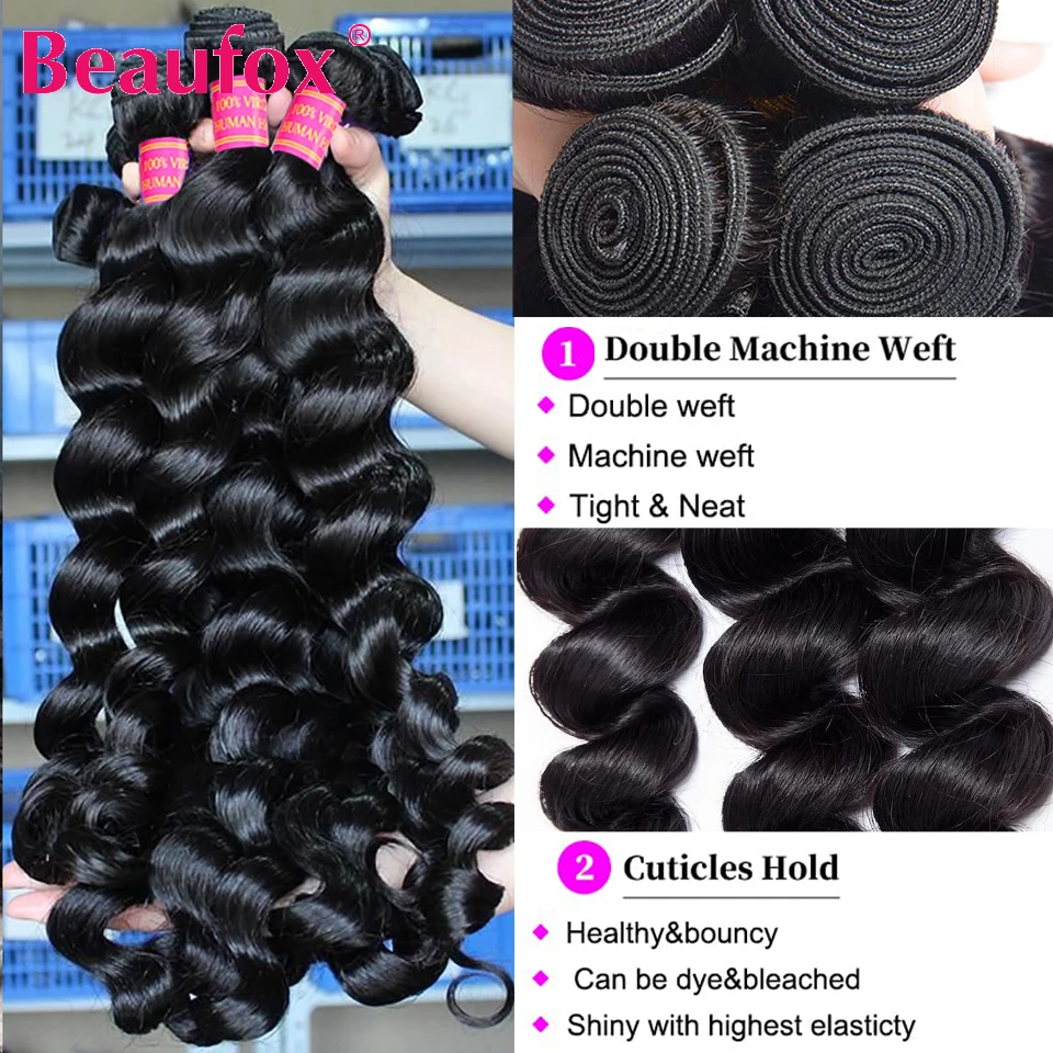 Beaufox-Indian Cabelo Humano Weave Pacotes, onda solta, Remy ondulado, cor natural, negócio, 1 pc, 3 pcs, 4 pcs