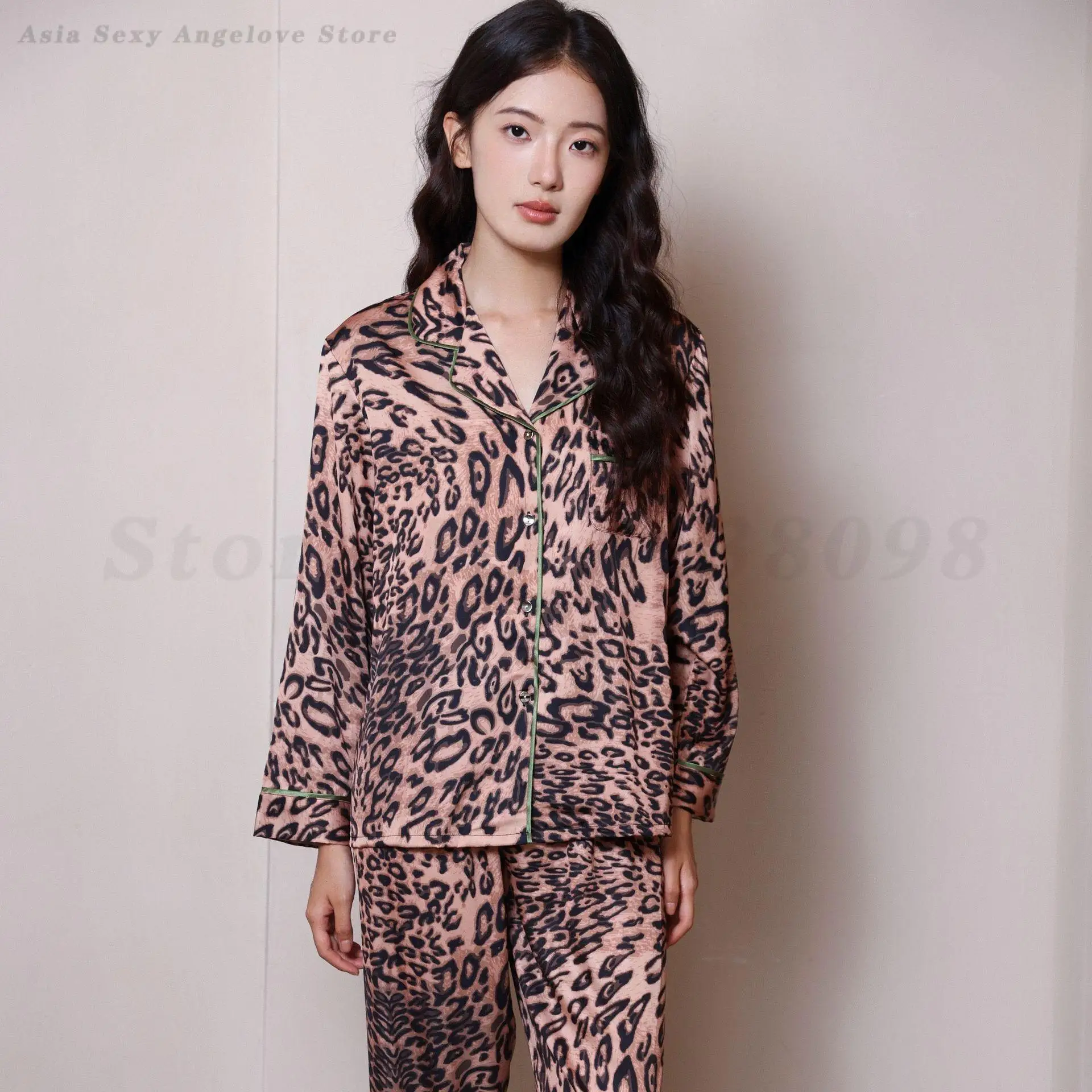 Brown Leopard Print Pajamas 2025 Spring New Ice Silk Sleepwear Flip Collar Satin Home Wear Women's Temperament Loose Nightwear