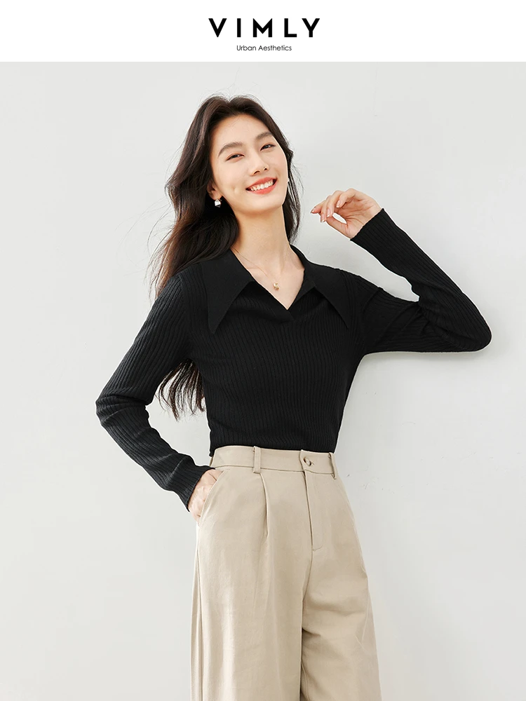 Vimly Black V-neck Knitted Polo Sweaters 2024 Spring New Woolen Blend Slim Female Pullovers Women's Long Sleeve Knit Top 72790