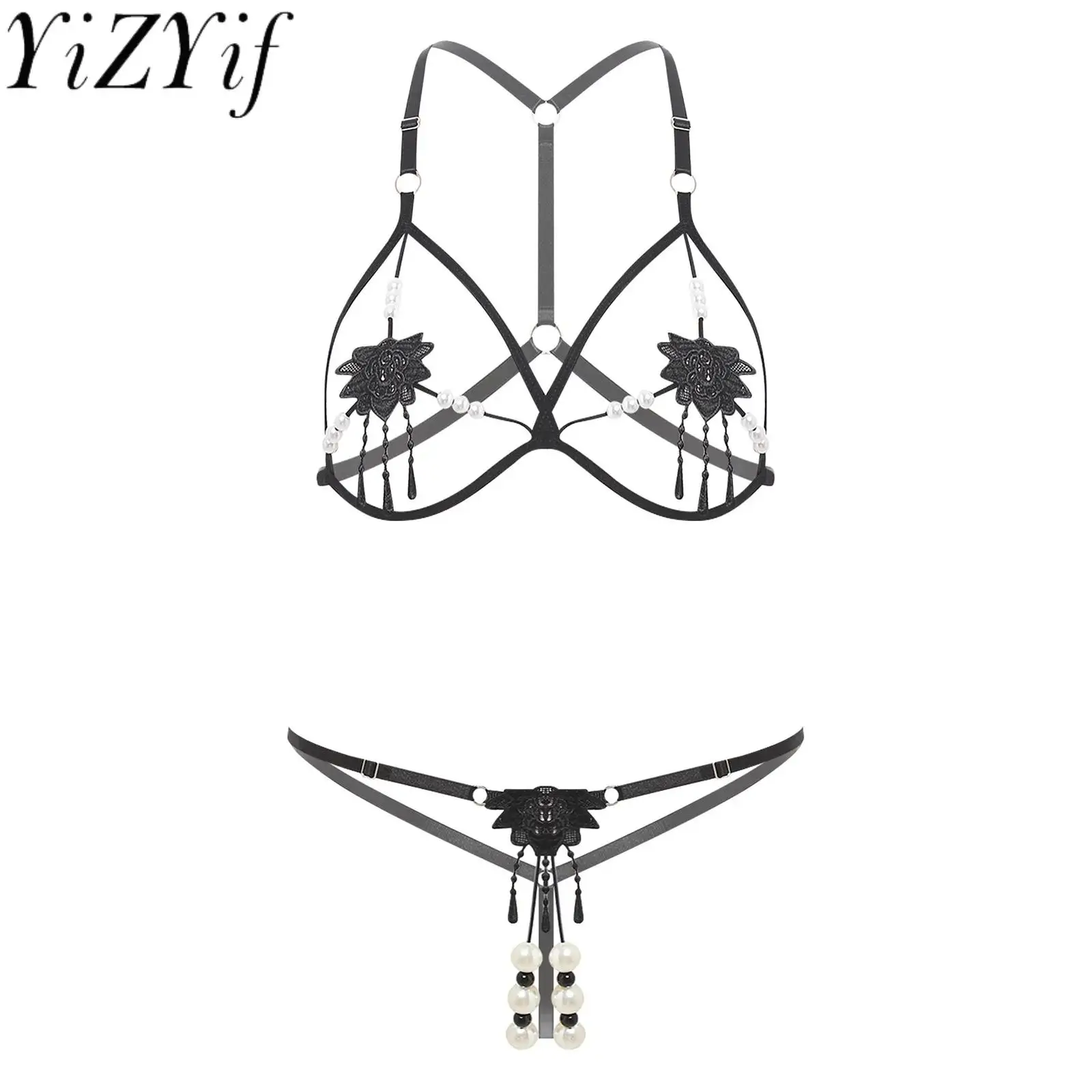 

Женский комплект нижнего белья Temptation, бюстгальтер с цветочной нашивкой из искусственного жемчуга и стринги с Т-образной спинкой для парных взрослых, соблазнительные комплекты порно ночного белья