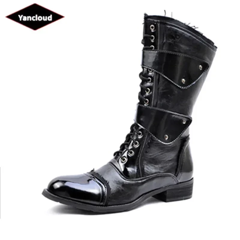 Gothic Punk Cosplay Dance Boots for Men 2024 Fall Winter Mid Leg Patent Leather Warm Motorcycle Boots Male Shoes for Office