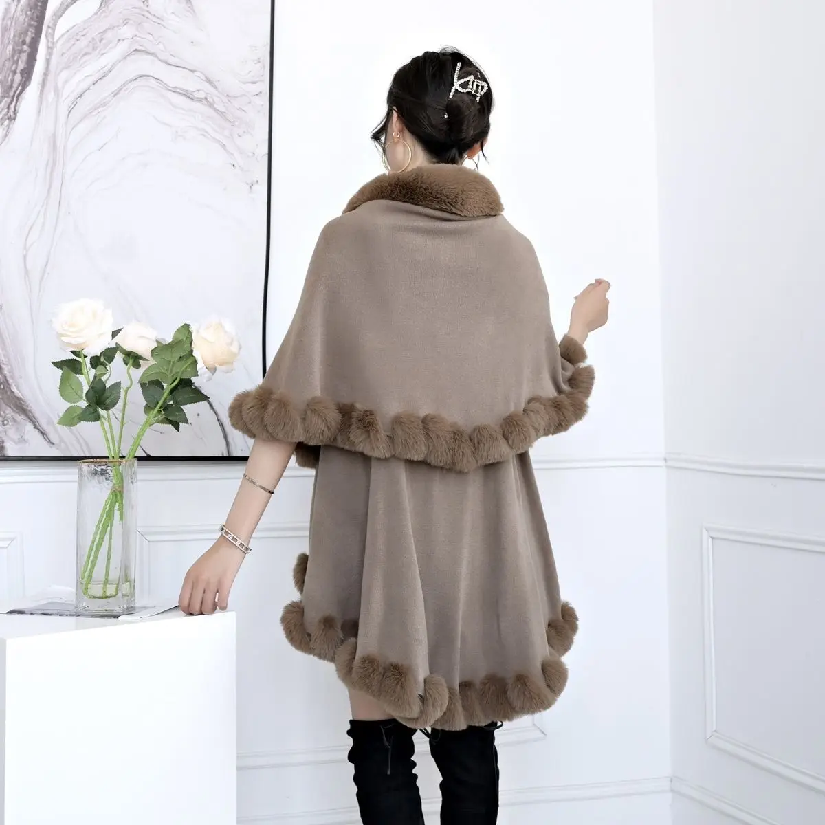 Women Double Layer Luxury Imitated Rex Rabbit Fur Cape Coats Cape Shawl Winter Overcoat female Knit Poncho Jacket Faux Fur Wraps