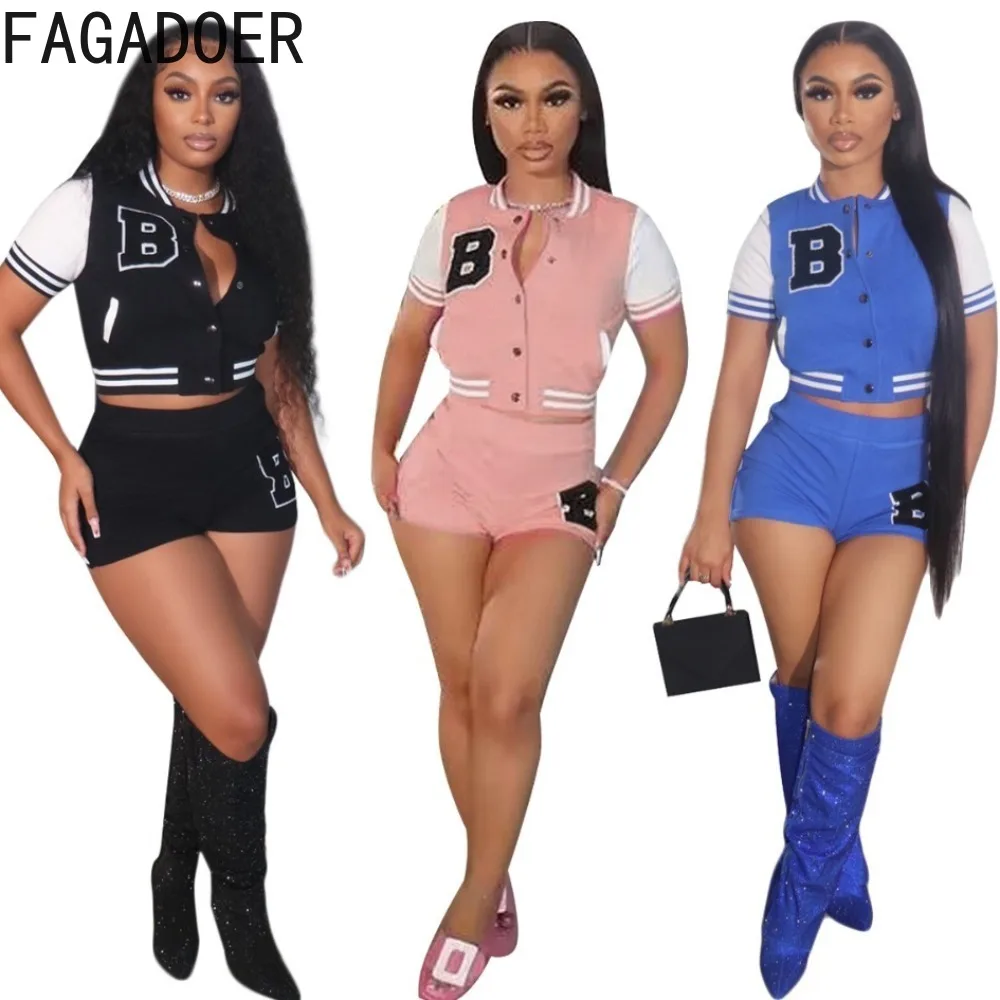 FAGADOER Summer Patchwork Letter Print Baseball Uniform Two Piece Sets Women Button Short Sleeve Coats+Shorts Outfits Streetwear