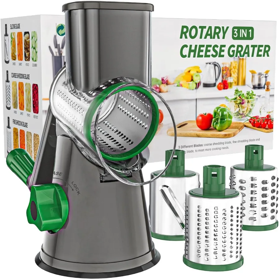 

Rotary Cheese Grater Hand Crank Cheese Shredder for Fresh Cheese Vegetable Nuts Non-slip Suction Base Free Cleaning Brush Three