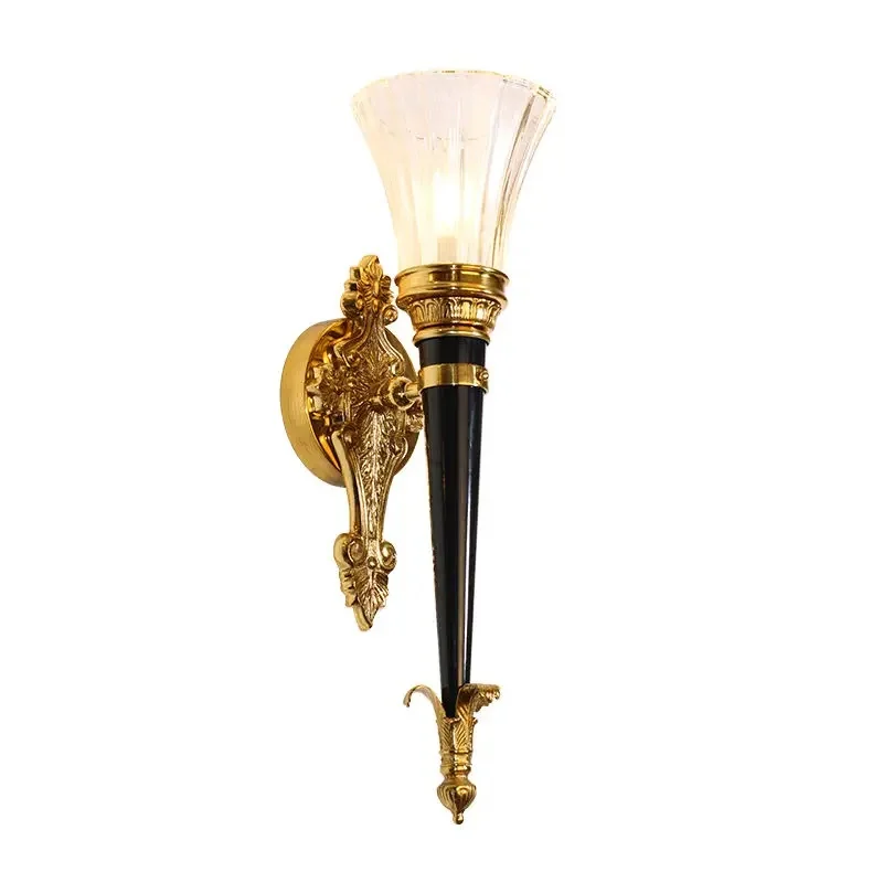 European Retro Vertical Wall Lamp Black and Gold Carved Bracket Flared Glass Shade Accent Lighting Foyer Corridor