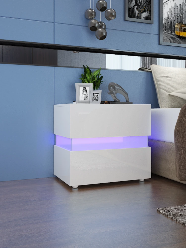 Modern minimalist bedside table bedroom home with two storage drawers and 16-color remote control smart LED lights