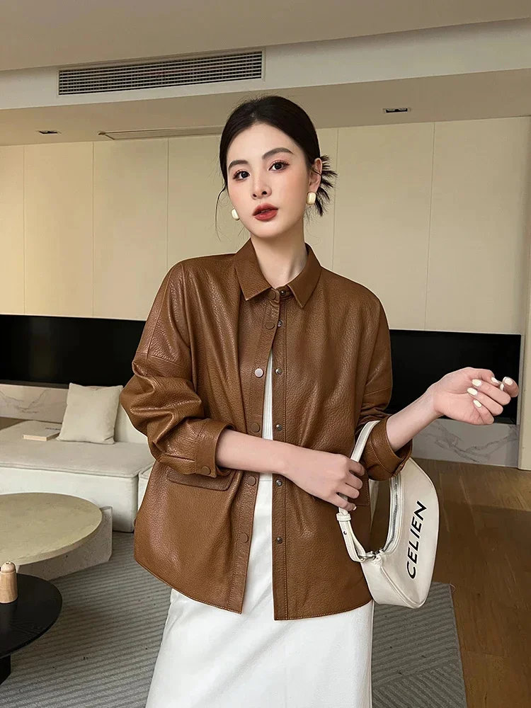 Motorcycle Casual Genuine Leather Jacket for Women Spring Autumn 2024 Trend High-end Simple Vintage Loose Sheepskin Coat