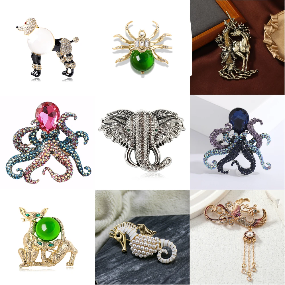Vintage Collectible Pins - Vintage Tier-Broschen-Kollektion: Oktopus, Elefant, Einhorn, Pudel,