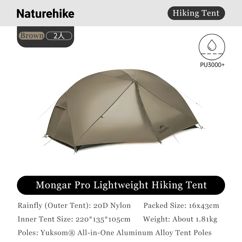 Naturehike Mongar Pro Ultralight 1-2 Persoons Tent 20D Nylon Dubbellaags Waterdicht Lichtgewicht Kamperen Wandelen 3-seizoenen Tent