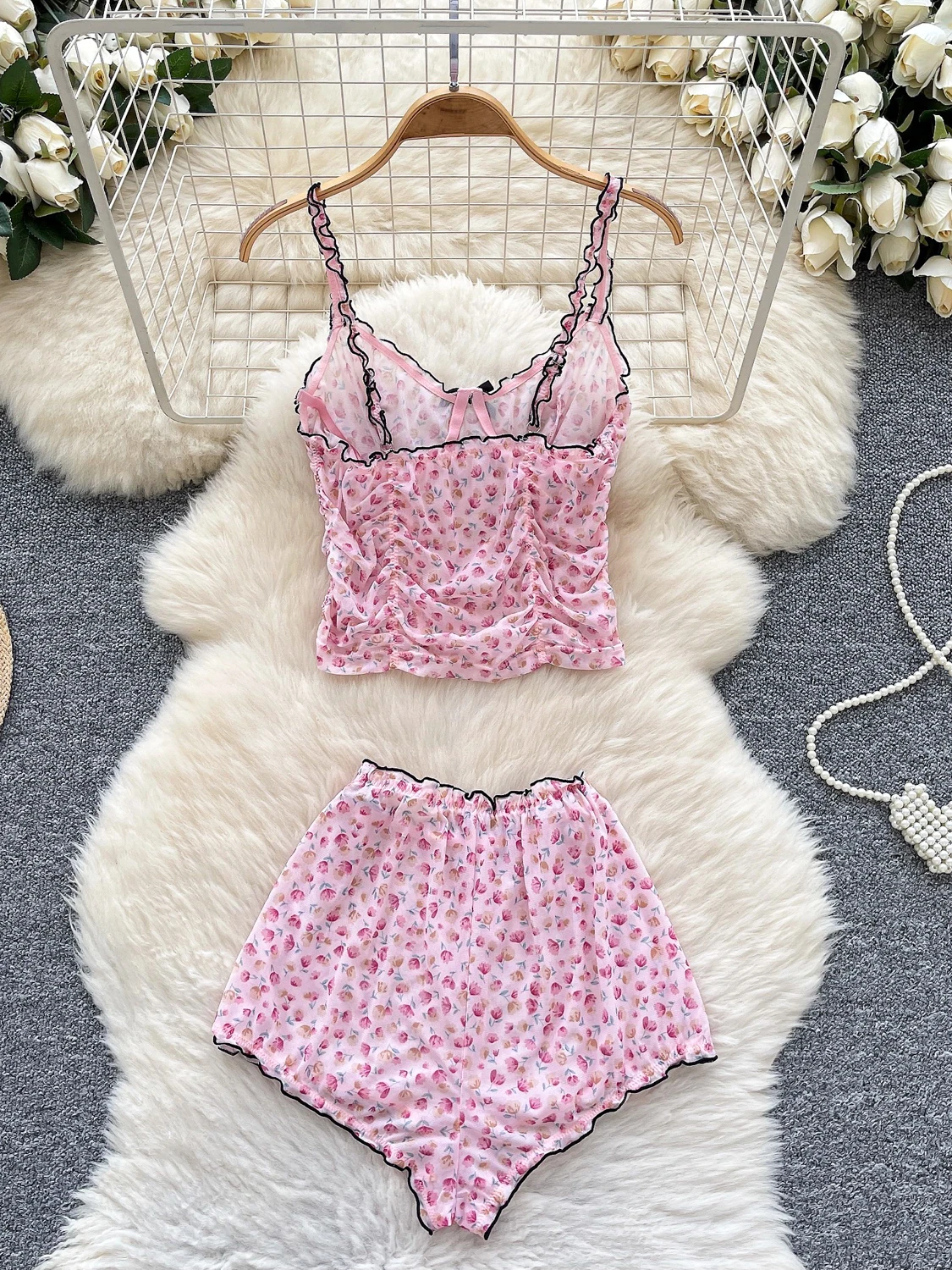 

High Waist Floral Slim Fit Home Clothes Set for Women Summer Faion ort Pants And Tank Top Matching Set Hot Girl Sle