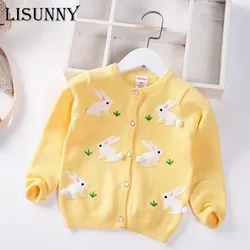 Girls Cardigan Sweater Autumn 2024 O-Neck Infants Children Cotton Knitwear Cartoon Rabbit Baby Kids Coat Toddler Clothes 2-7y