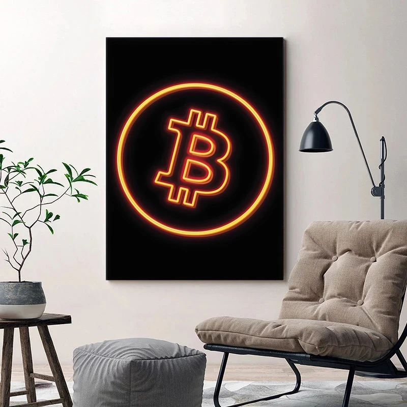 Modern Neon Effect Bitcoin Ethereum ETH BTC Poster Prints Virtual Coin Sign Canvas Painting Wall Art Picture for Room Home Decor