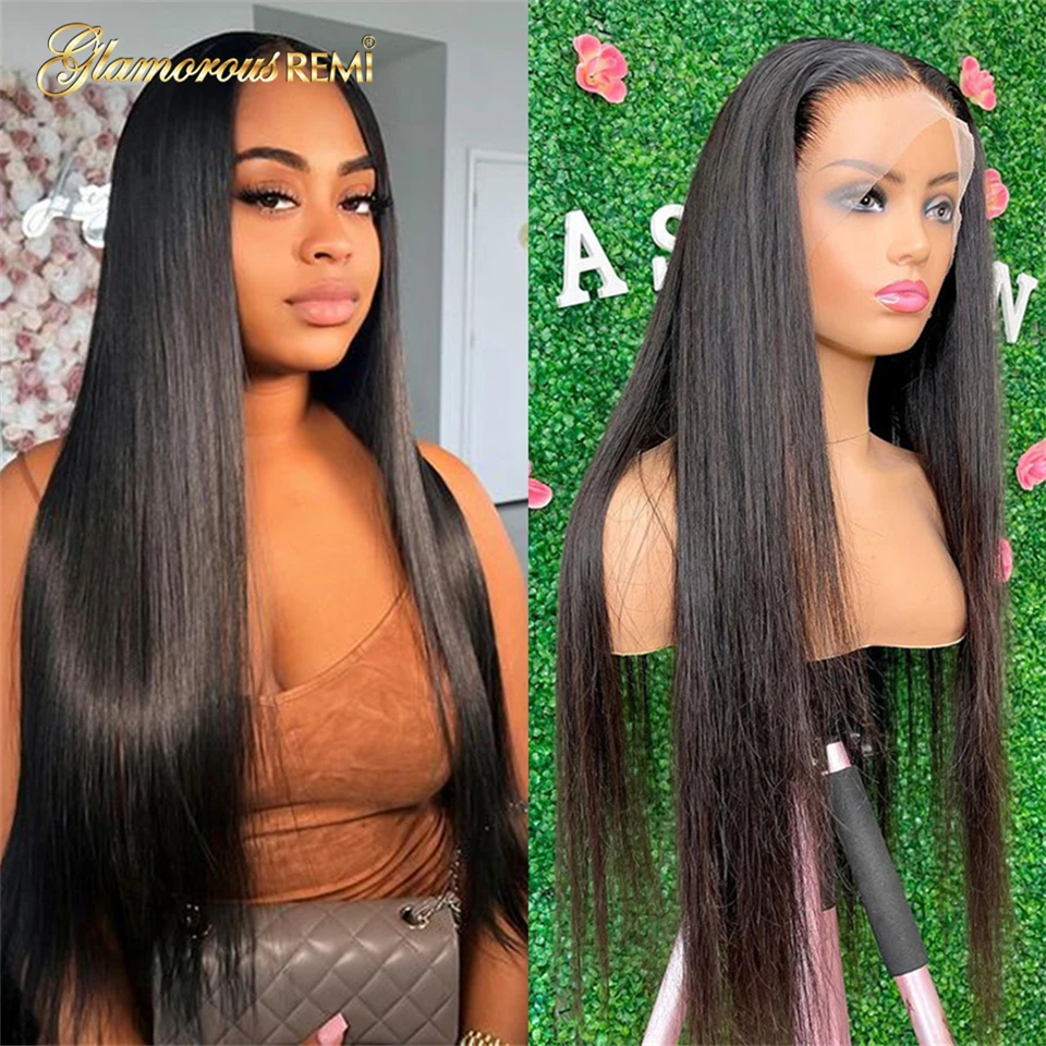 

Peruvian Bone Straight Human Hair 13x4 Lace Front Wigs Pre Plucked Remy Hair HD Transparent Lace 1B Black Color Natural Hairline