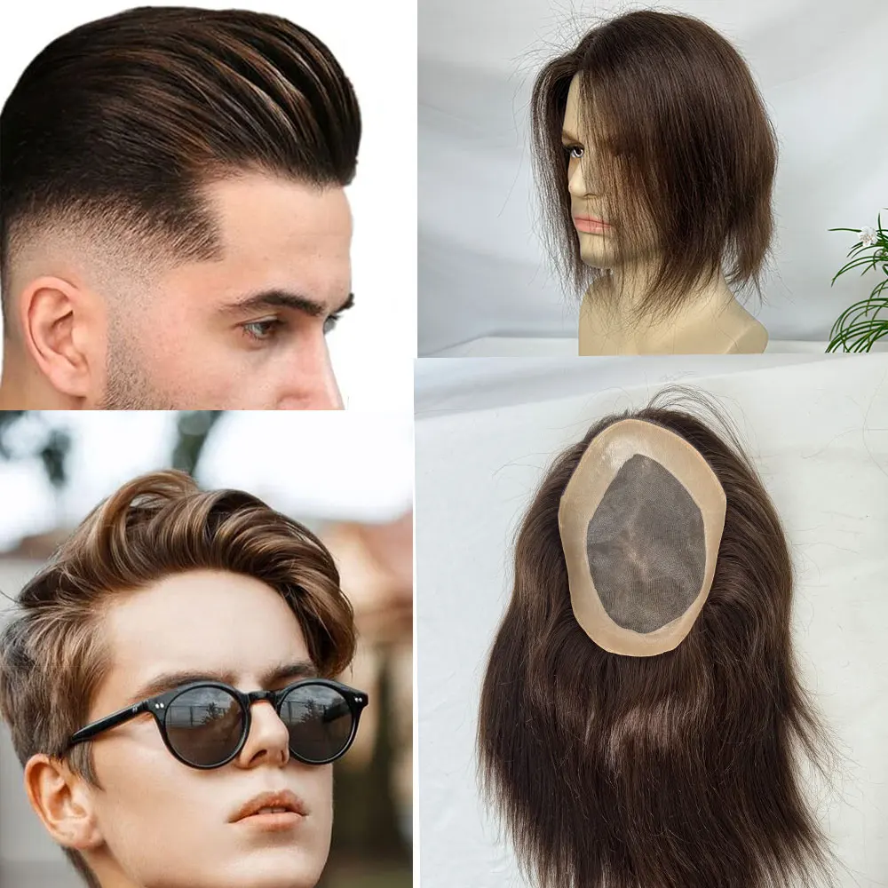 Toupee untuk pria 100% sistem pengganti rambut manusia Virgin Eropa atasan renda Mono rambut palsu pria dengan PU awet sekitar 6x8 inci