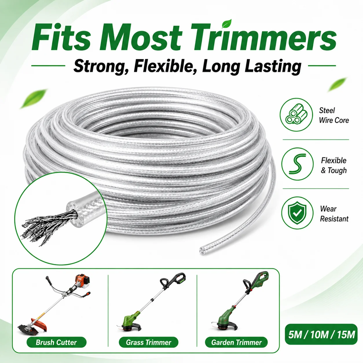 Fio de Nylon para Roçadeira de Aço 5M/10M/15M, Corda para Roçadeira, Cabo para Cortador de Grama, Rolo de Reposição Redondo Durável para Corte de Grama