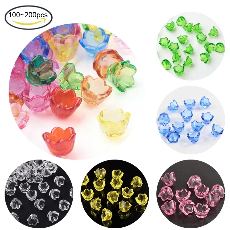 200pc Transparent Acrylic Beads  Tulip Flower  Lily of the Valley Clear  about 10mm wide  6mm thick  hole:1.5mm