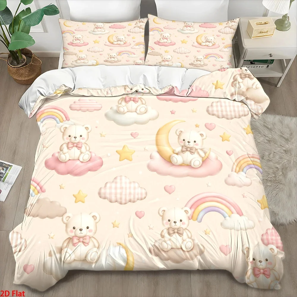 Ensemble de housse de couette imprimée ours de dessin animé et lune arc-en-ciel, 3 pièces (1 housse de couette + 2 taies d'oreiller), literie en polyester tissé respirant et doux pour la peau, doux et confortable, facile à nettoyer, durable, lavable en machine, fermeture éclair invisible, résistant aux plis, adapté à toutes les saisons, décoration de chambre confortable, dortoir étudiant, literie pour lit double, couvre-lit style nordique, 3 pièces