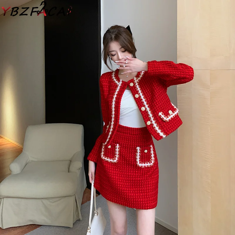 2022 Red Check Tweed Set Women Fall Winter Luxury O Neck Long Sleeve Tweed Jacket + High Waist Skirt Two Piece Pearl Fringe Coat