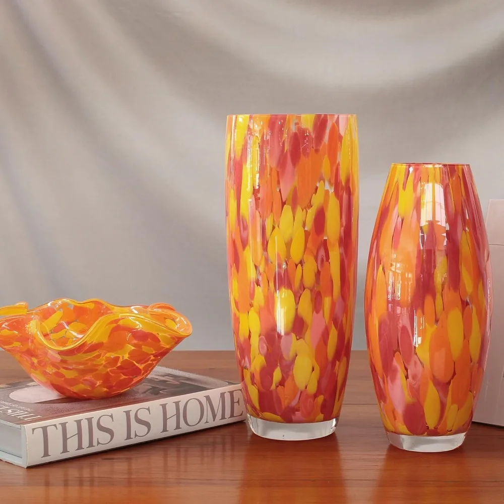 مزهرية زجاجية Ca D Oro برتقالية/أصفر، زجاج فني على طراز مورانو منفوخ يدويًا للزهور والديكور - موديل Oliva G
