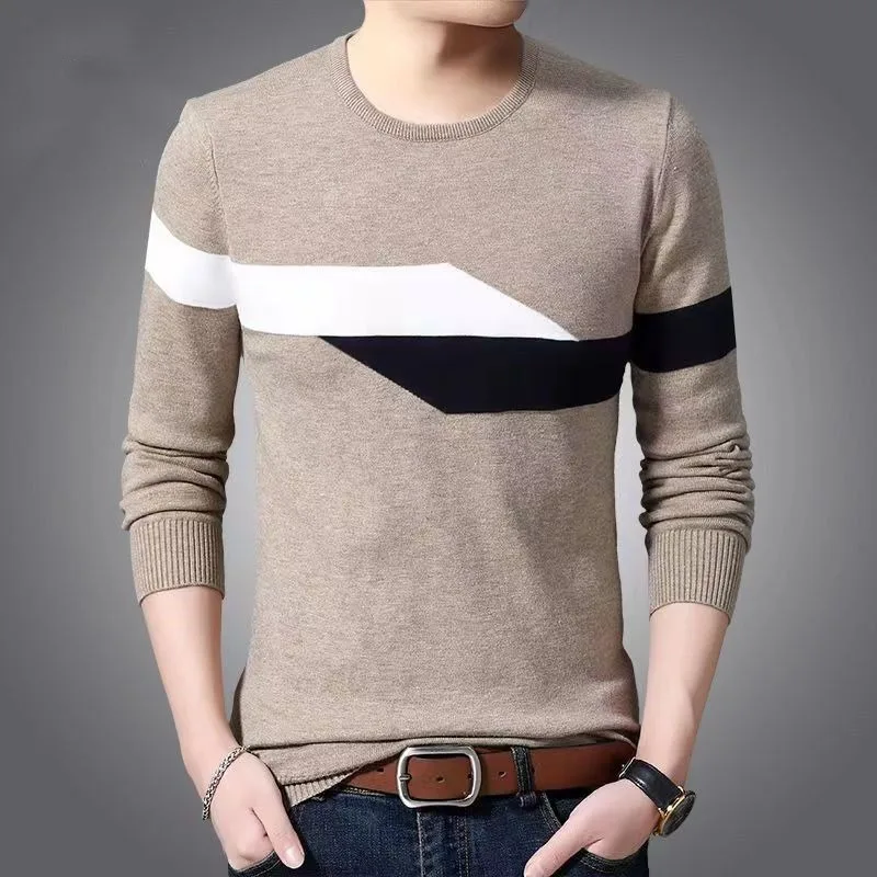 2023 Spring and Autumn Men's Pullover Round Neck Stripe Embroidered Thread Decoration Casual Fashion Elegant Commuter Knitwear